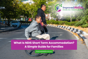 NDIS participant enjoying a short term accommodation stay with support staff